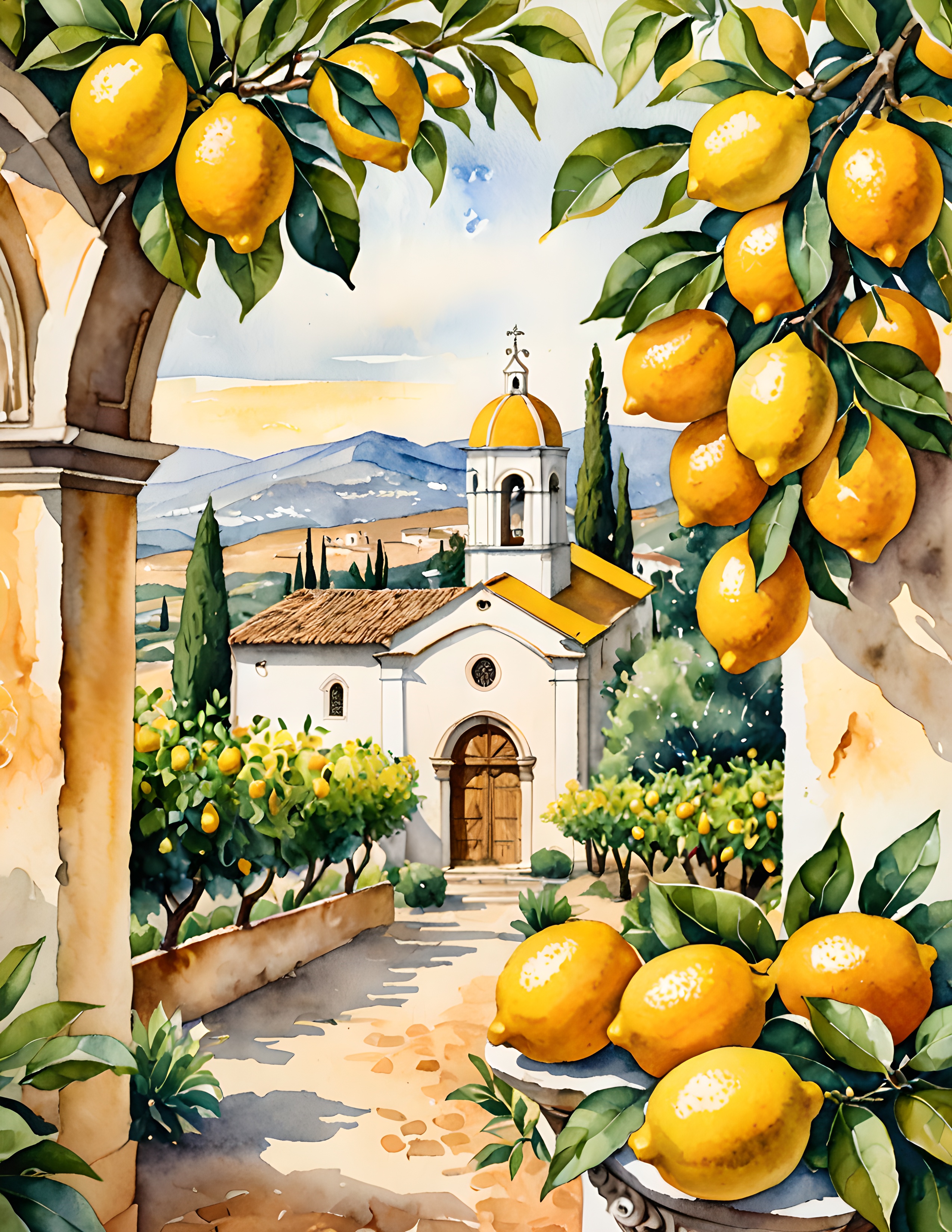 Real Lemon Grove printable page with a church, lemon trees, and Italian landscape