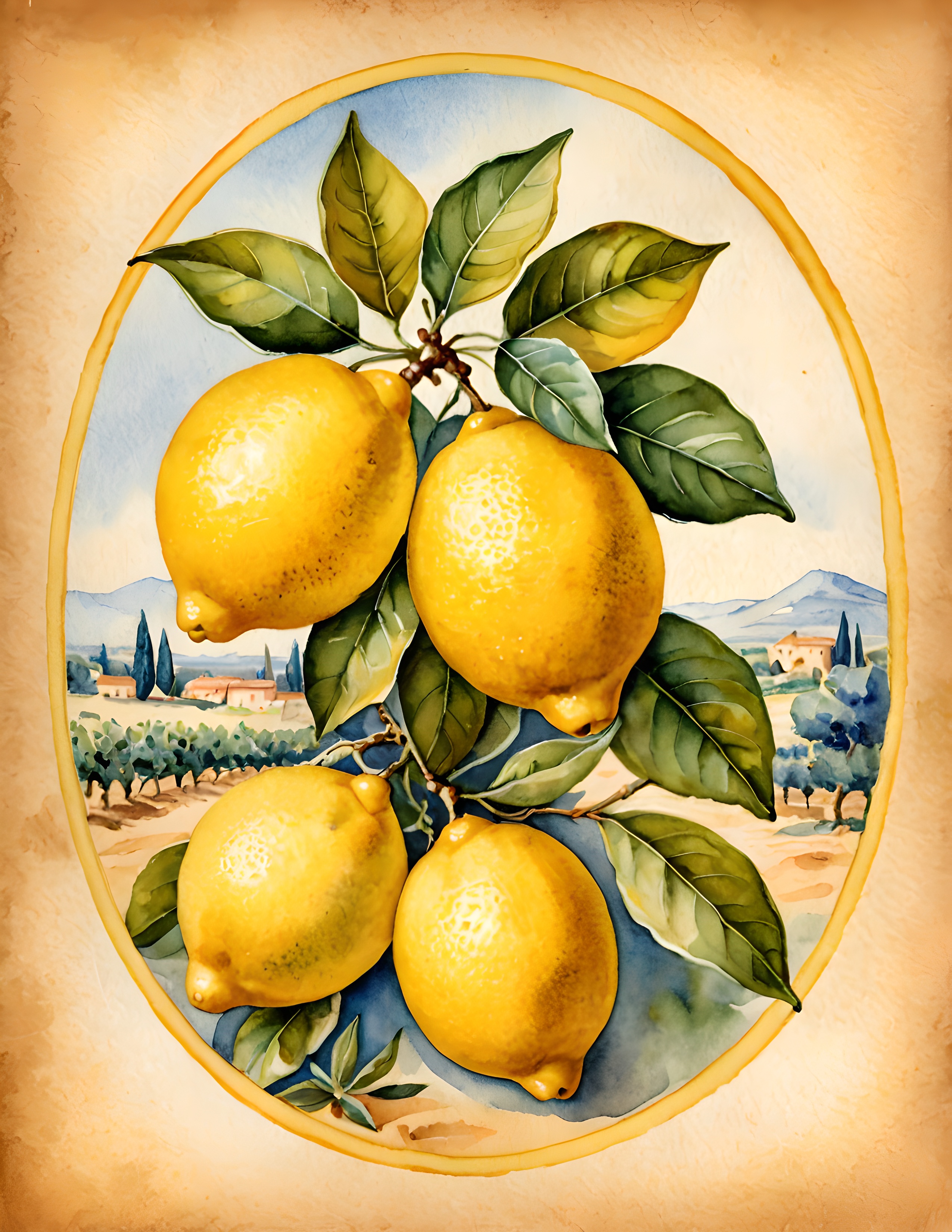Real Lemon Grove printable page with lemons, leaves, and a blue countryside