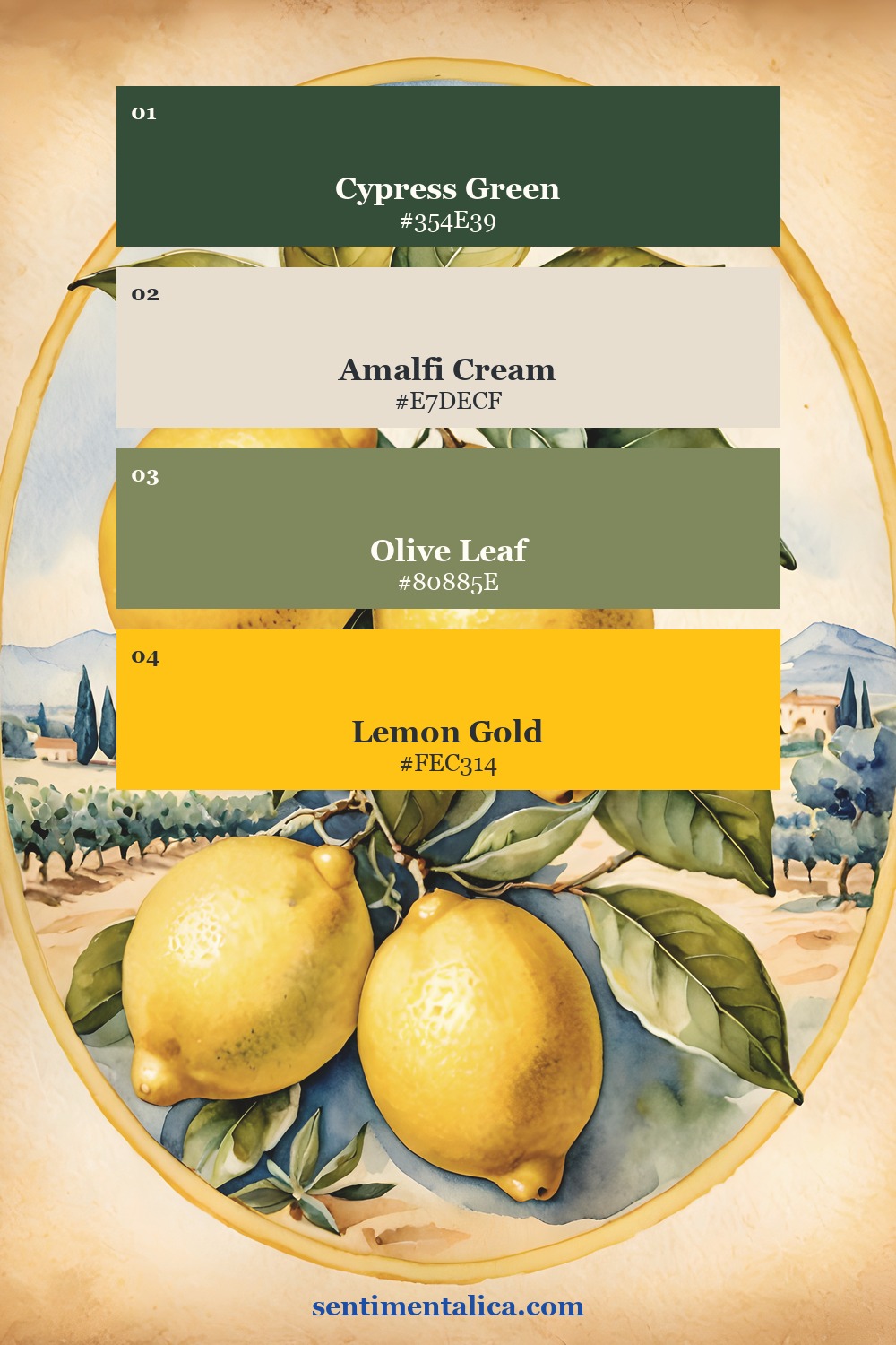 Lemon Grove palette with cypress green, cream, olive, and lemon gold