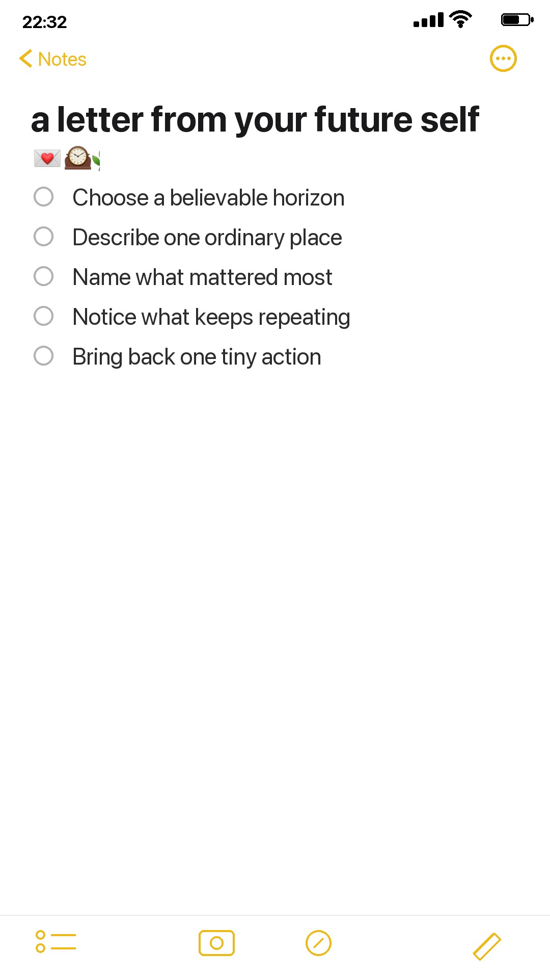 iPhone Notes checklist for writing a letter from your future self