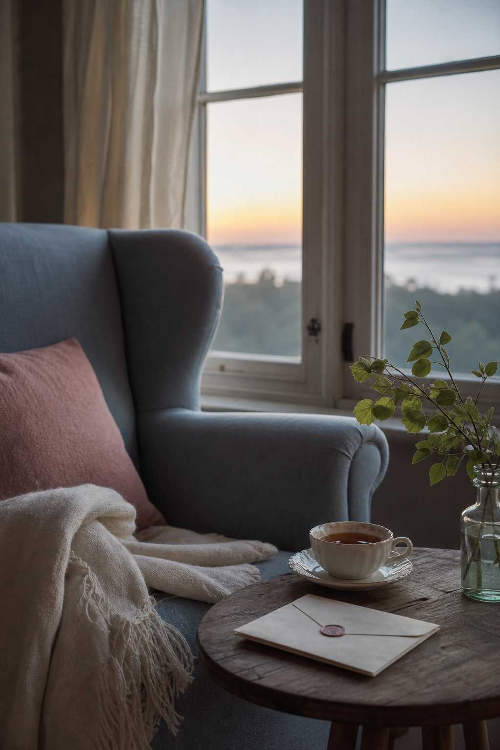Quiet dawn reading nook with a sealed future-self letter