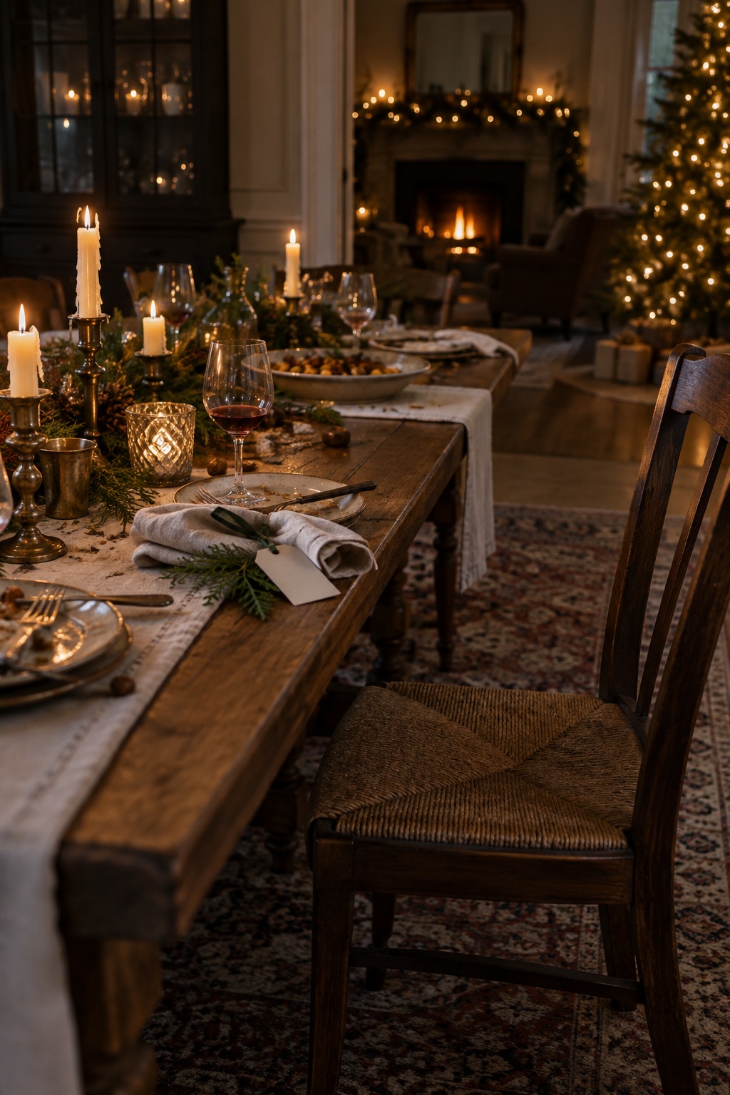 Holiday dining room after guests have left, with candles, folded linens, and a few meaningful traces of the gathering.