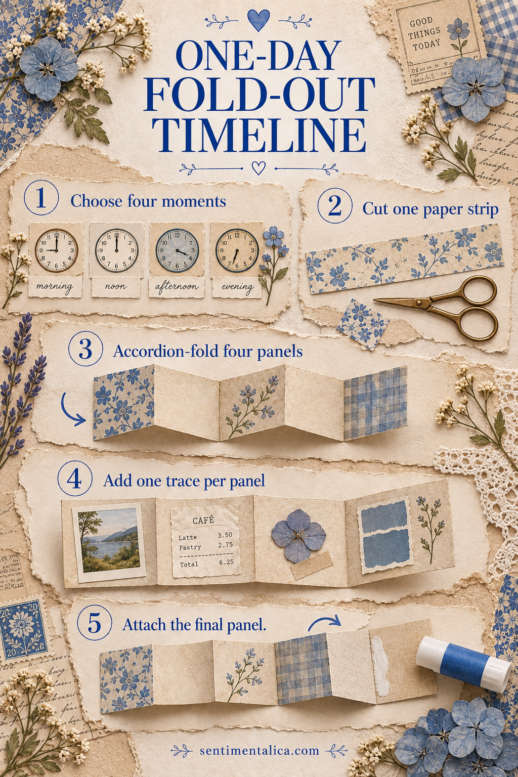 Five-step illustrated guide to making a one-day fold-out journal timeline