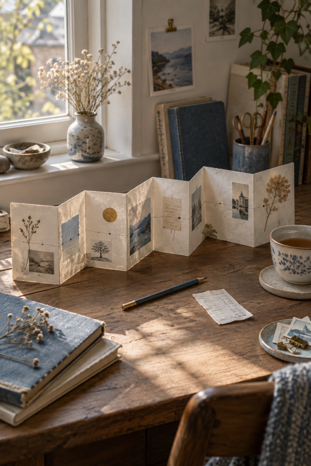 Quiet wooden desk with an accordion-fold journal strip, pencil, tea, and soft afternoon window light