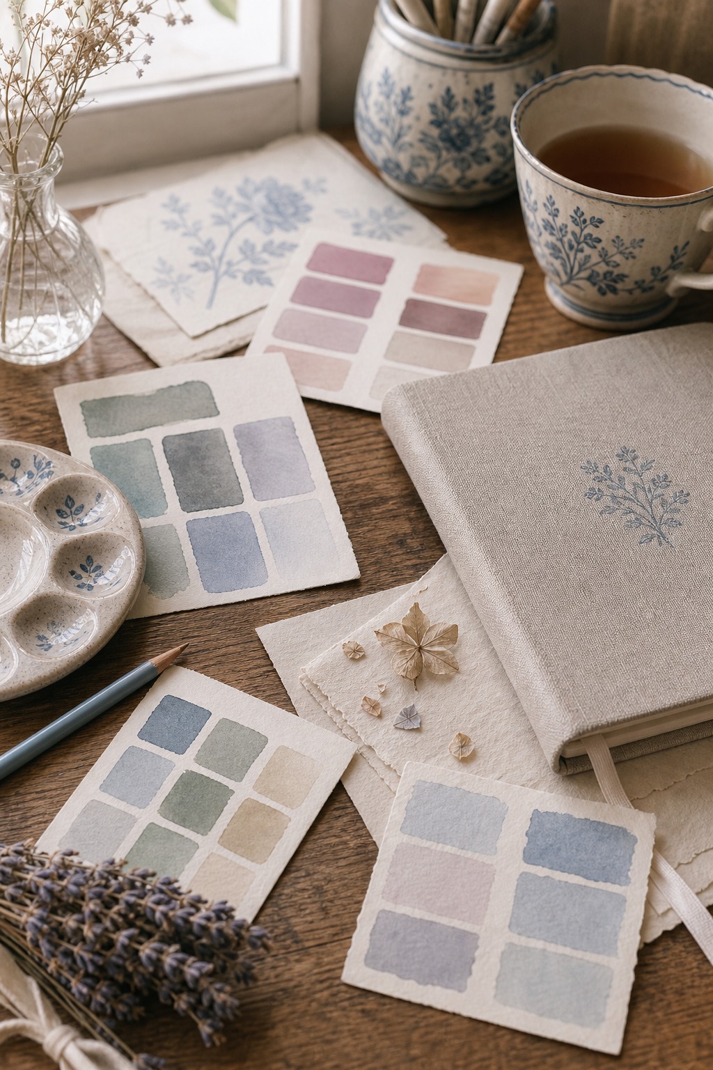 Quiet journal desk with watercolor swatches and cream notebook