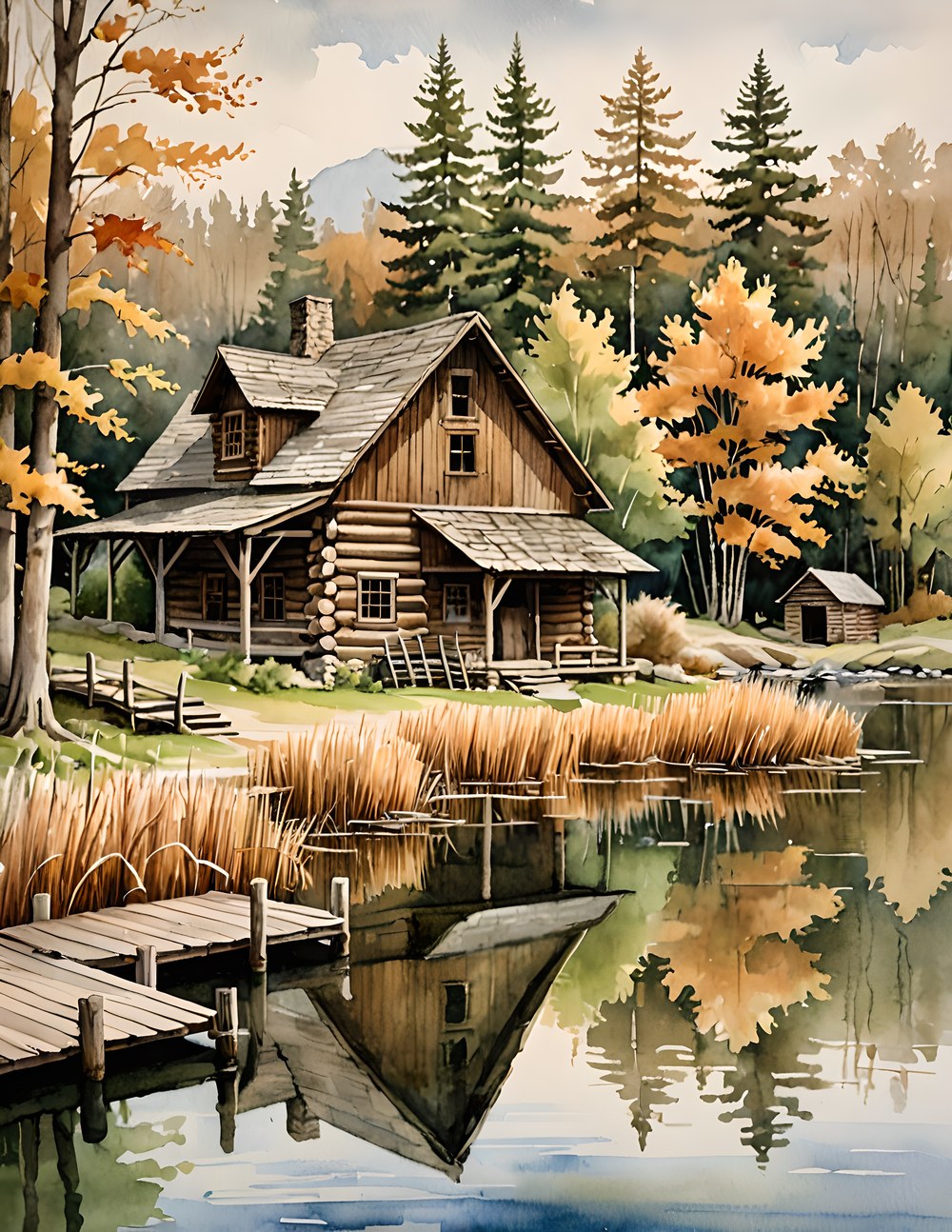 An individual Log Cabin watercolor page from the featured collection