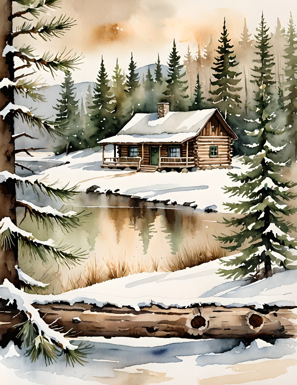 An individual Log Cabin watercolor page from the featured collection