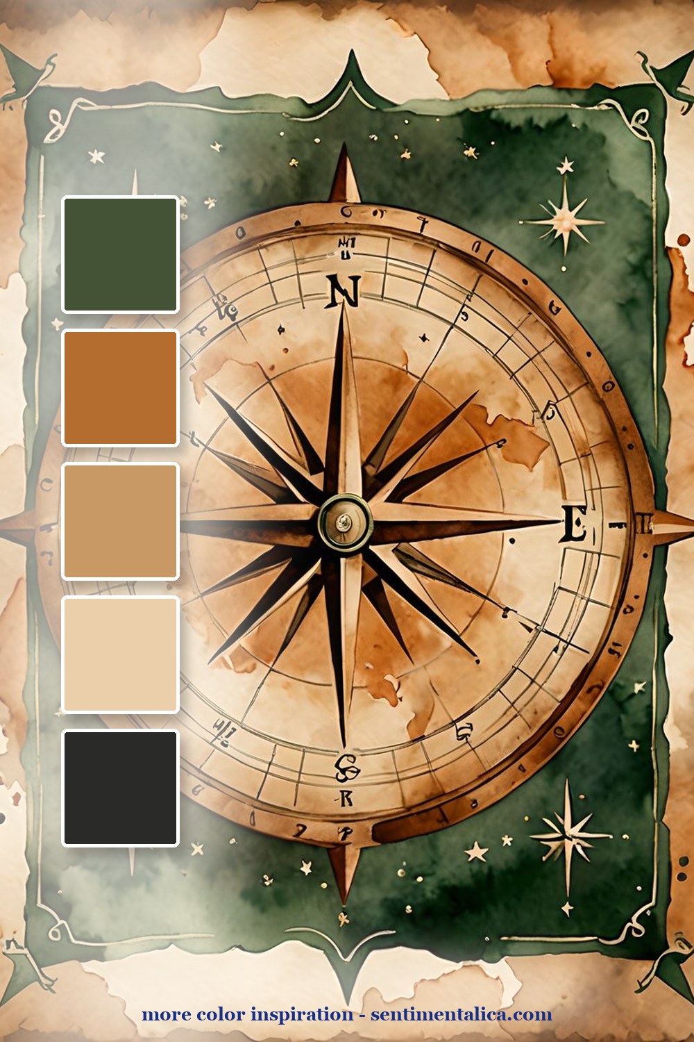 Saveable color palette for a summer trail journal theme with maps and mountain greens with square swatches and sentimentalica.com