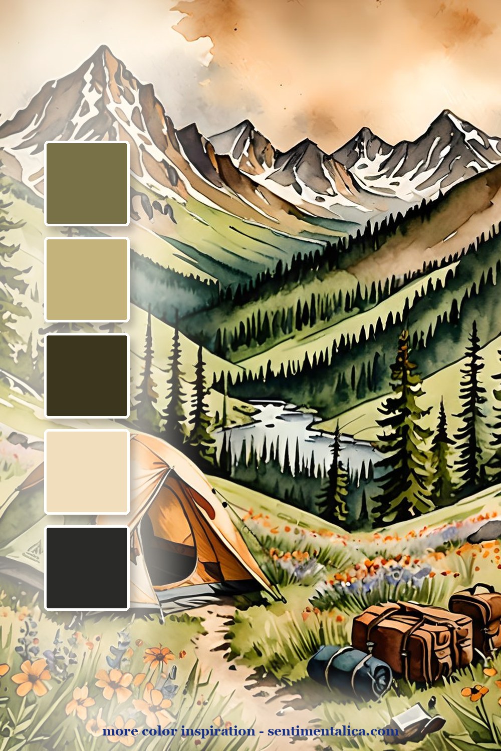 Second showpiece color palette for a summer trail journal theme with maps and mountain greens