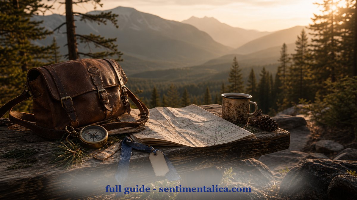 Thin atmospheric scene inspired by a summer trail journal theme with maps and mountain greens