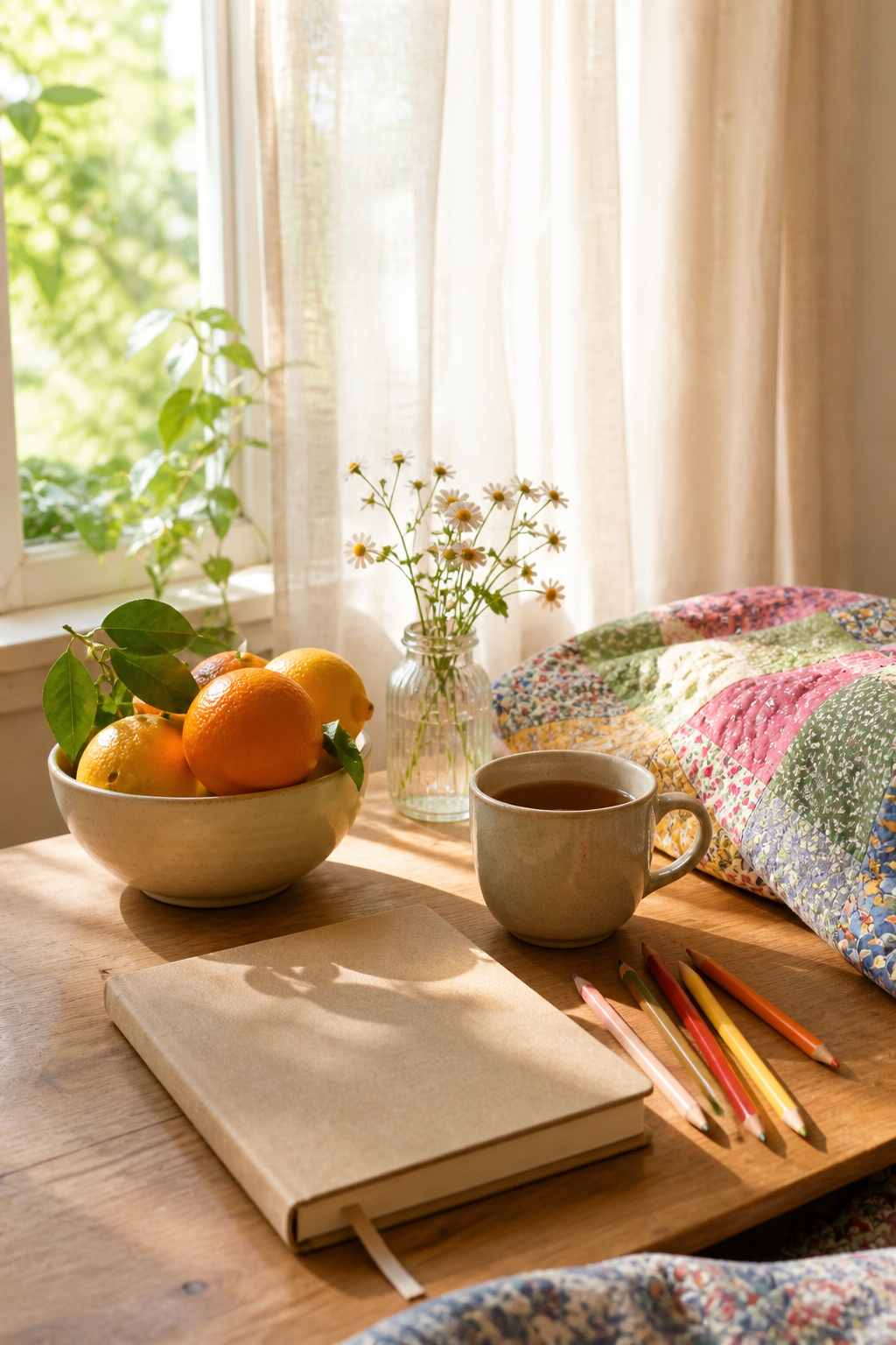 Bright gentle morning corner with citrus, flowers, colored pencils, tea, and a closed notebook
