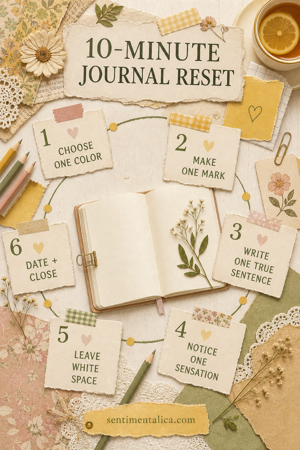 Six-step ten-minute journal reset infographic using color, one true sentence, sensation, white space, and closure