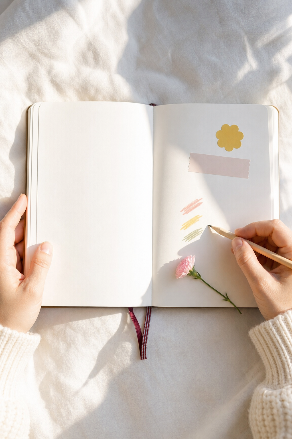Hands making a spacious journal page with soft colored pencil marks, a yellow paper shape, and a small flower