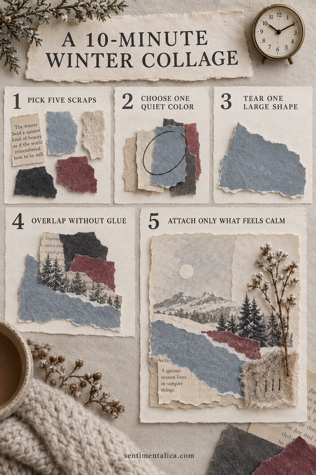 Step-by-step guide for a 10-minute winter collage for stressful days