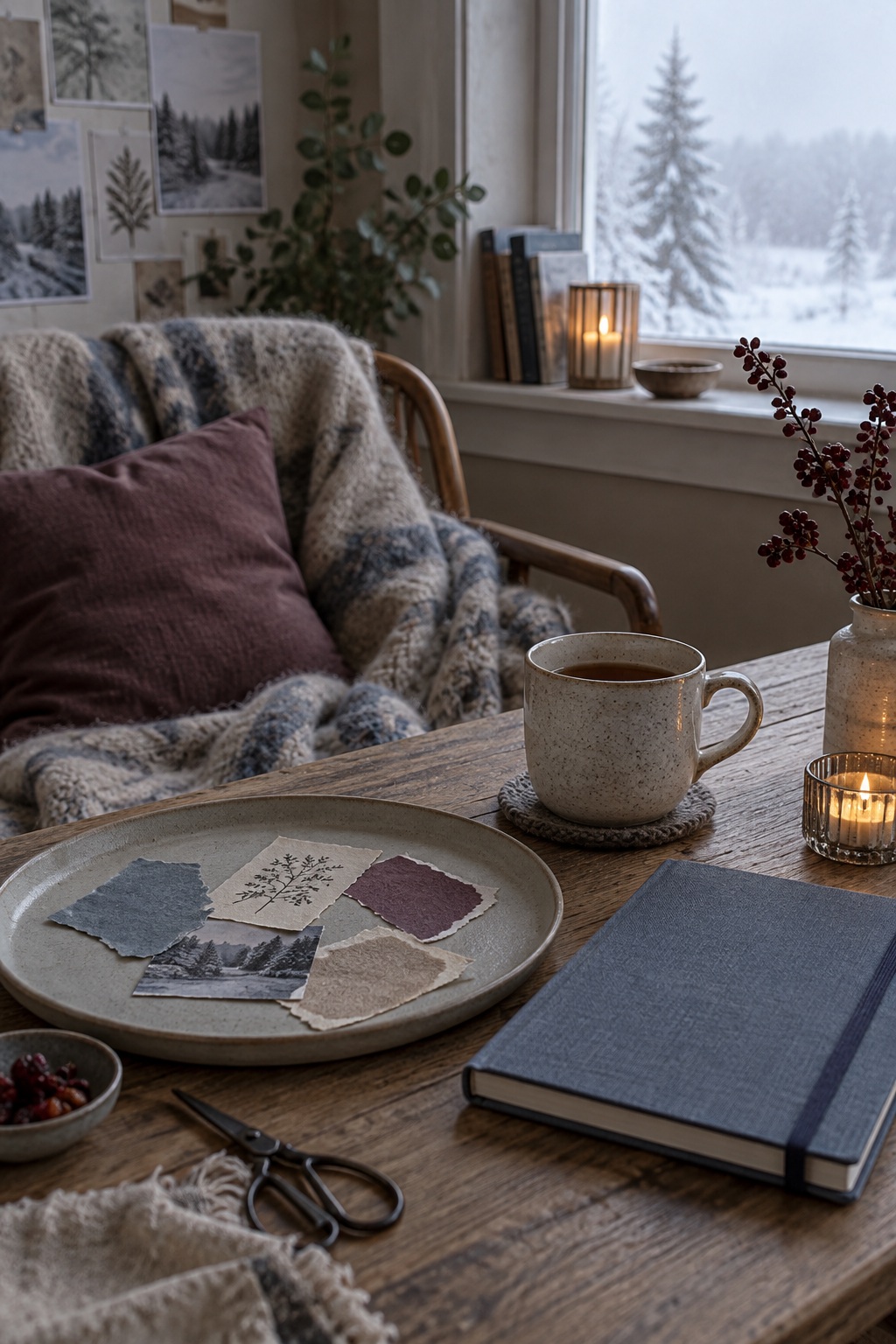 Peaceful winter craft table after a short collage session with a few scraps, closed journal, tea, and falling snow.