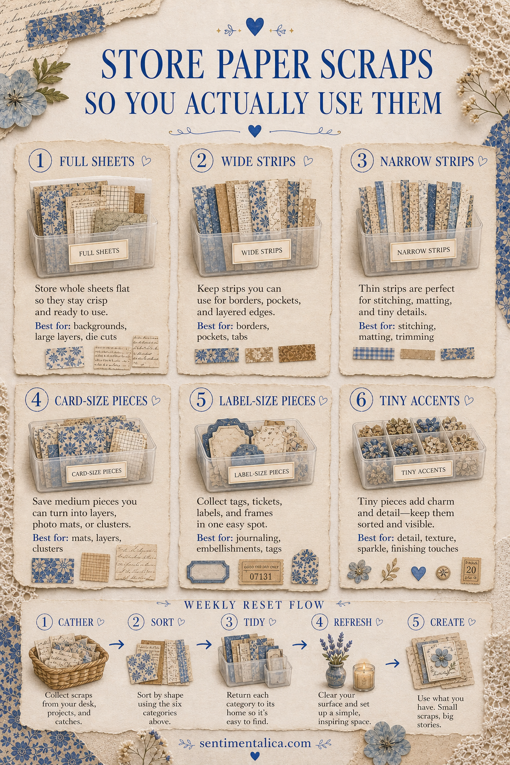 Infographic for a visible paper scrap storage system organized by usable size