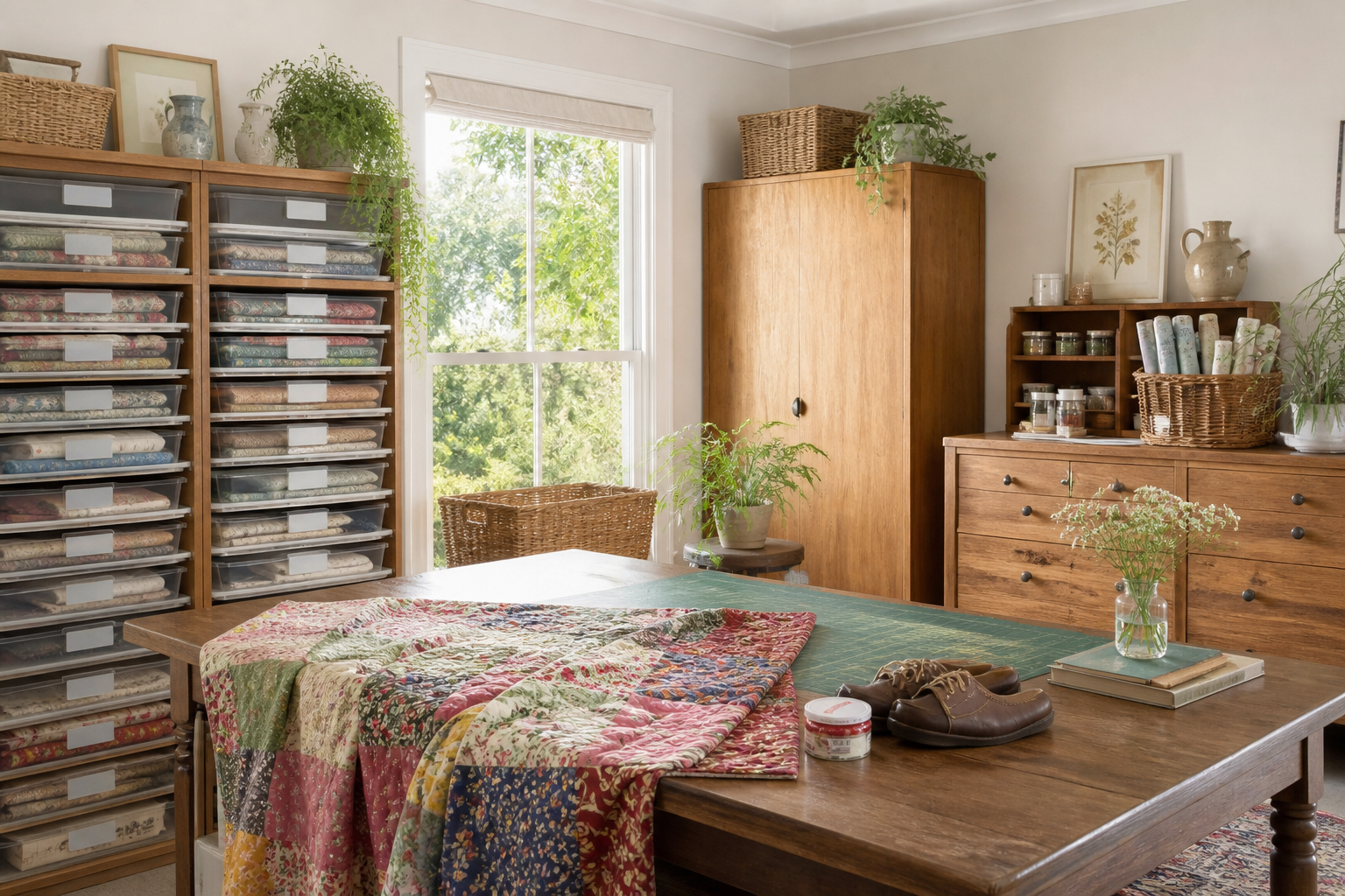 Open craft storage with visible sorted paper scraps in a warm studio