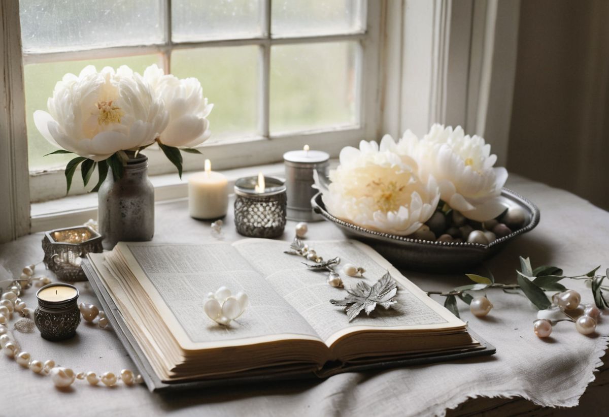 A Silver Vow junk journal spread on a linen desk with pearls and candlelight