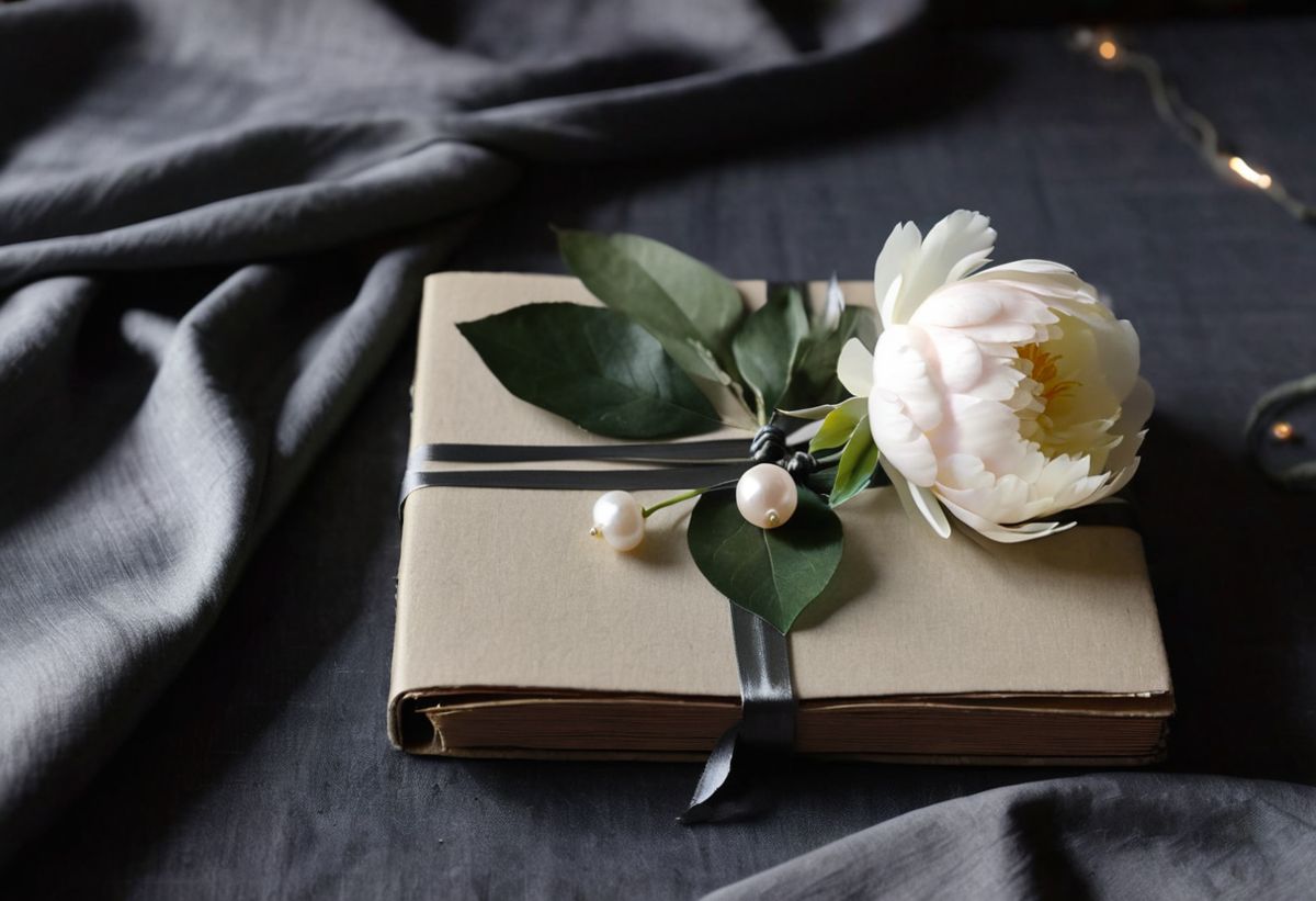 A finished Silver Vow journal tied with ribbon beside pearls at candlelight