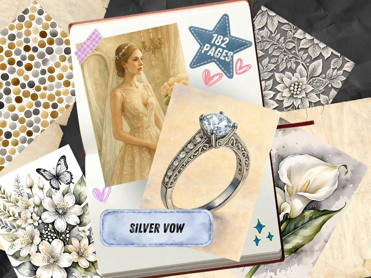 An open junk journal showing Silver Vow pages — a watercolor bride at her mirror, an engagement ring study, gold dotted paper, and a white calla lily