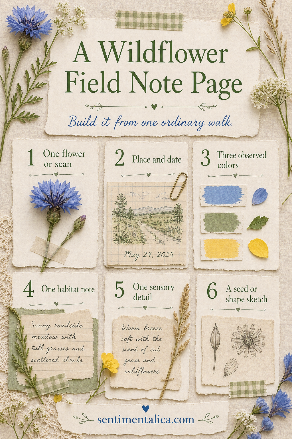 Six-part infographic for making a wildflower field note page