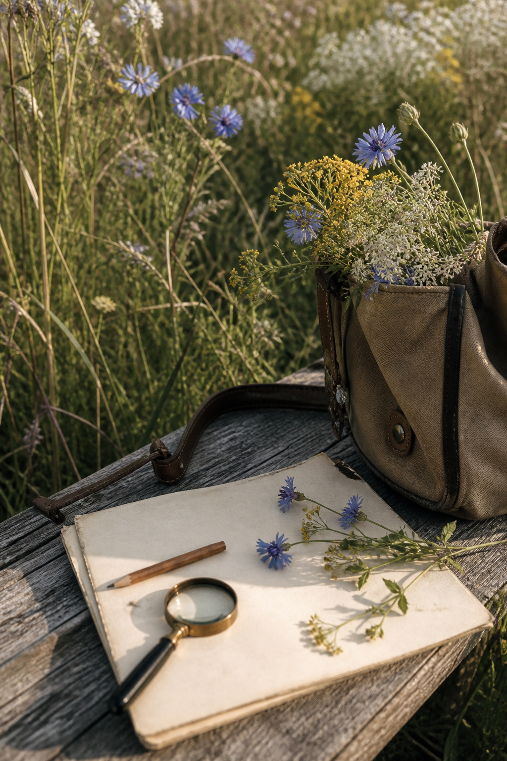 Wildflower field bag with flowers pencil magnifier and blank paper