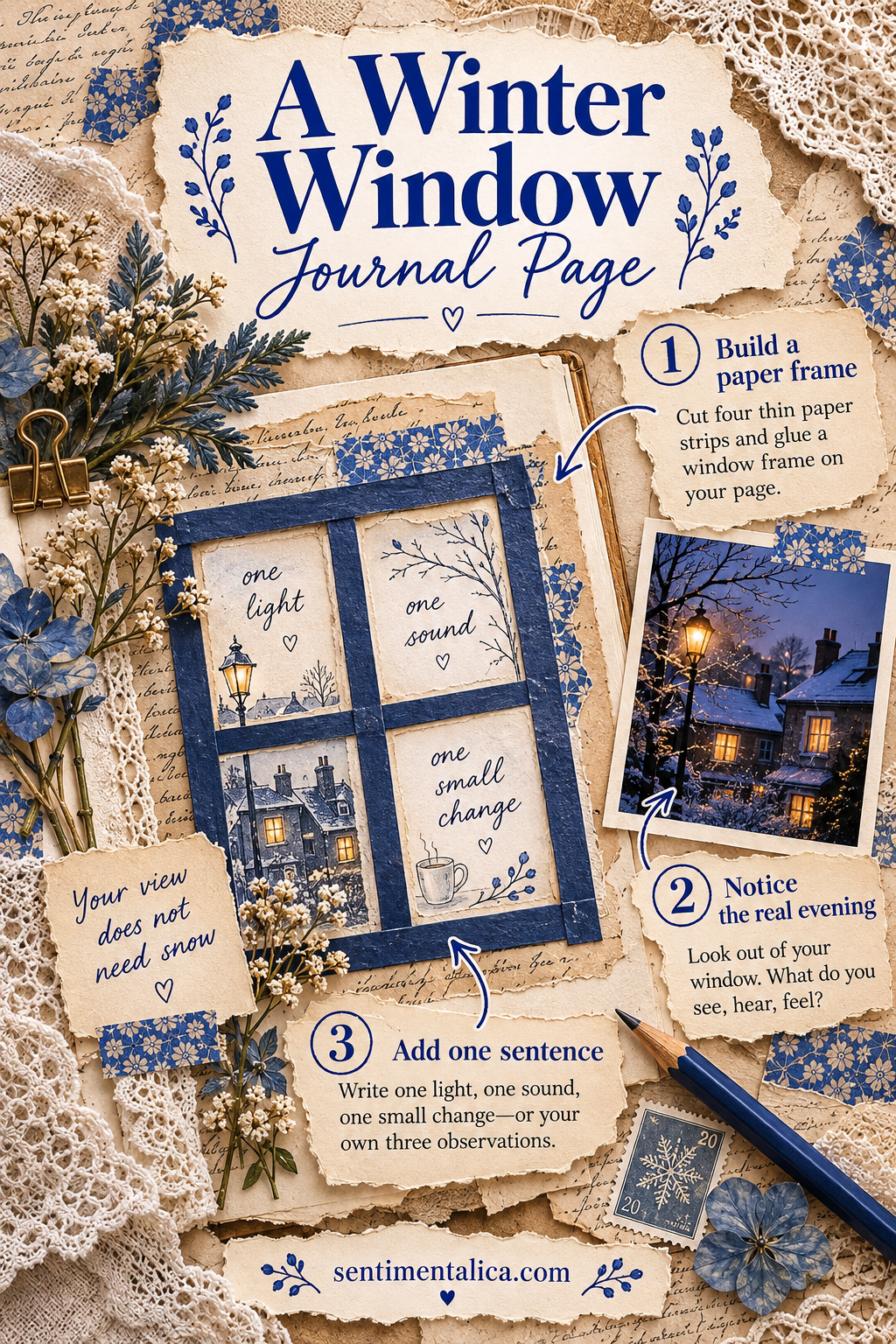 Winter window journal guide showing an observed view, simple paper frame, three short lines, and open space