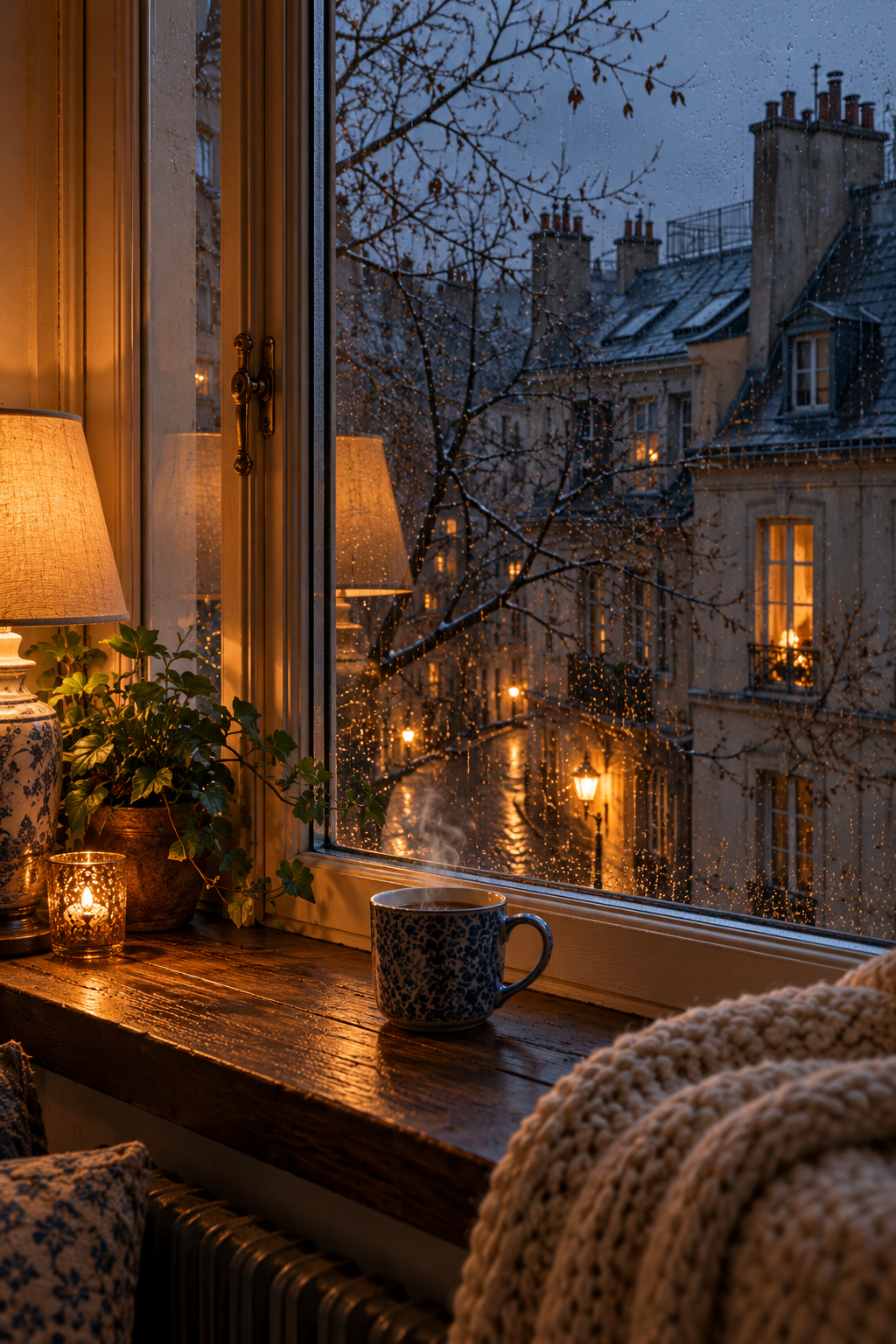 Warm city windowsill with a cup and a candle overlooking wet rooftops at winter dusk