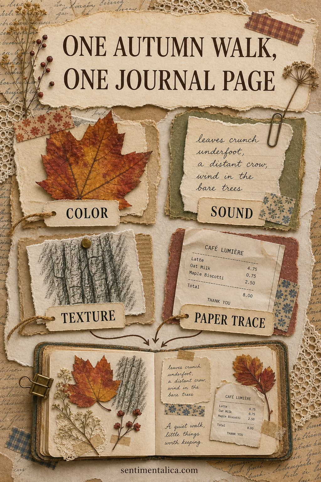 Autumn junk journal infographic showing how to collect one color, sound, texture, and paper trace on a short walk