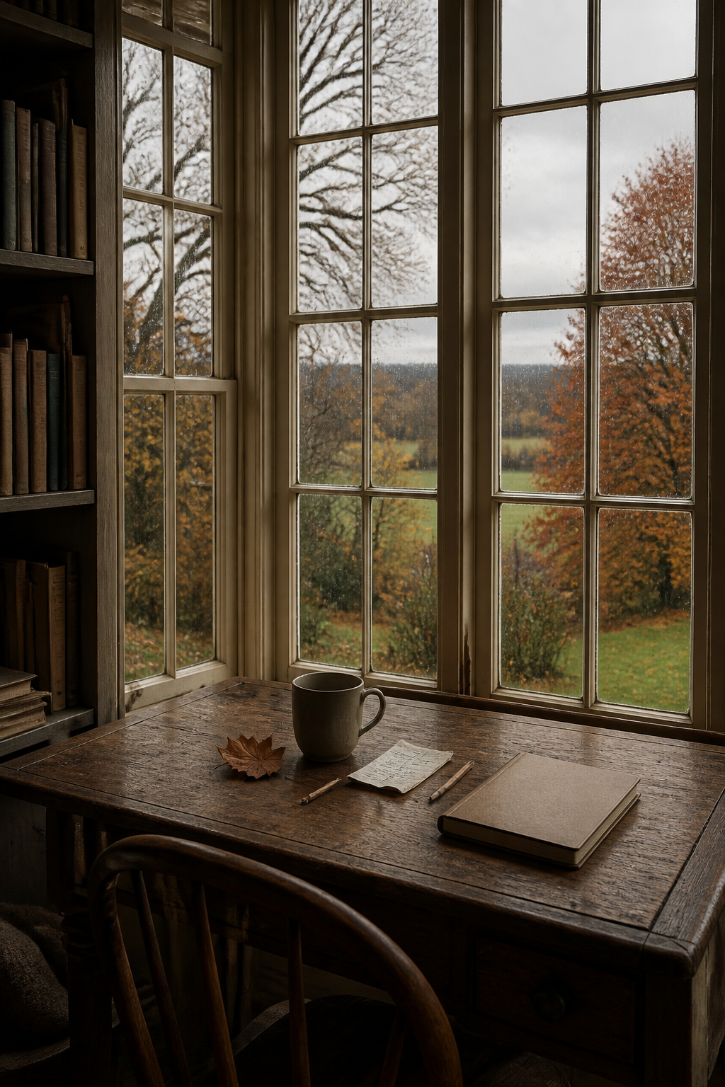 Rainy autumn window beside an old desk with a warm cup, notebook, leaf, receipt, and pencil