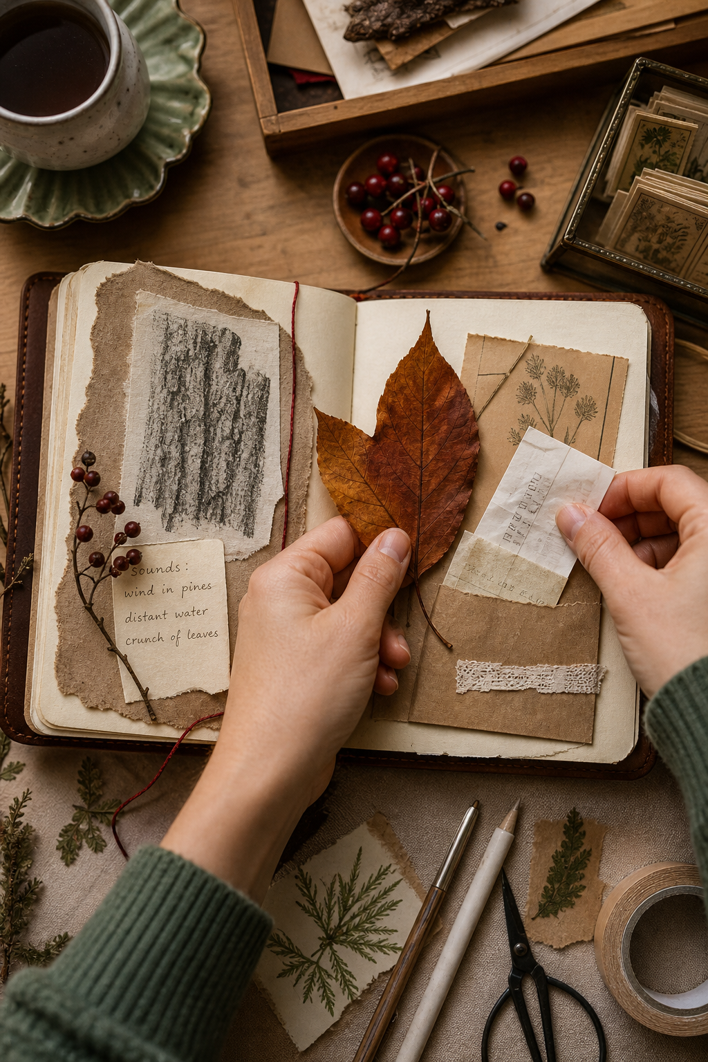 Hands assembling an autumn journal page with a leaf, receipt, bark rubbing, berries, and dark thread