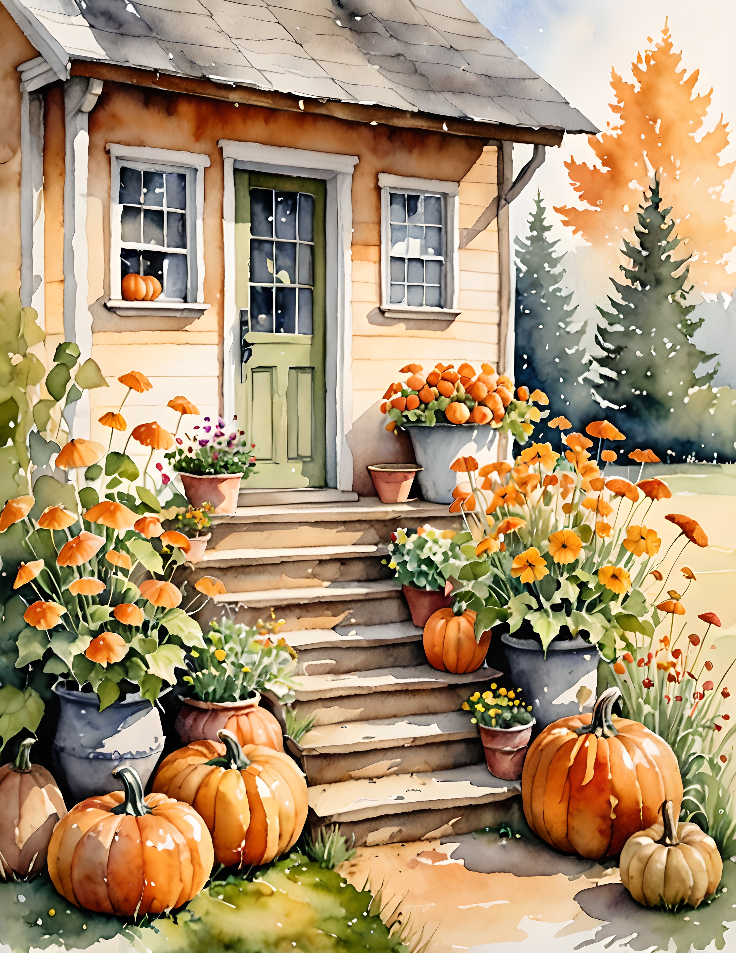 Warm autumn cottage artwork from the Cozy Autumn collection