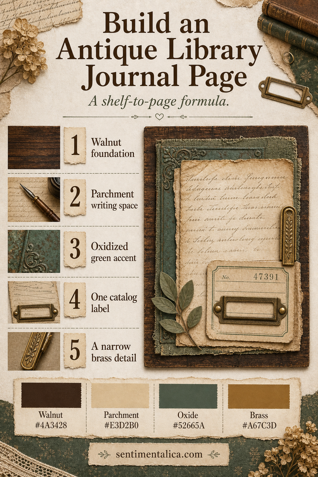 Antique library shelf-to-page formula and color palette infographic