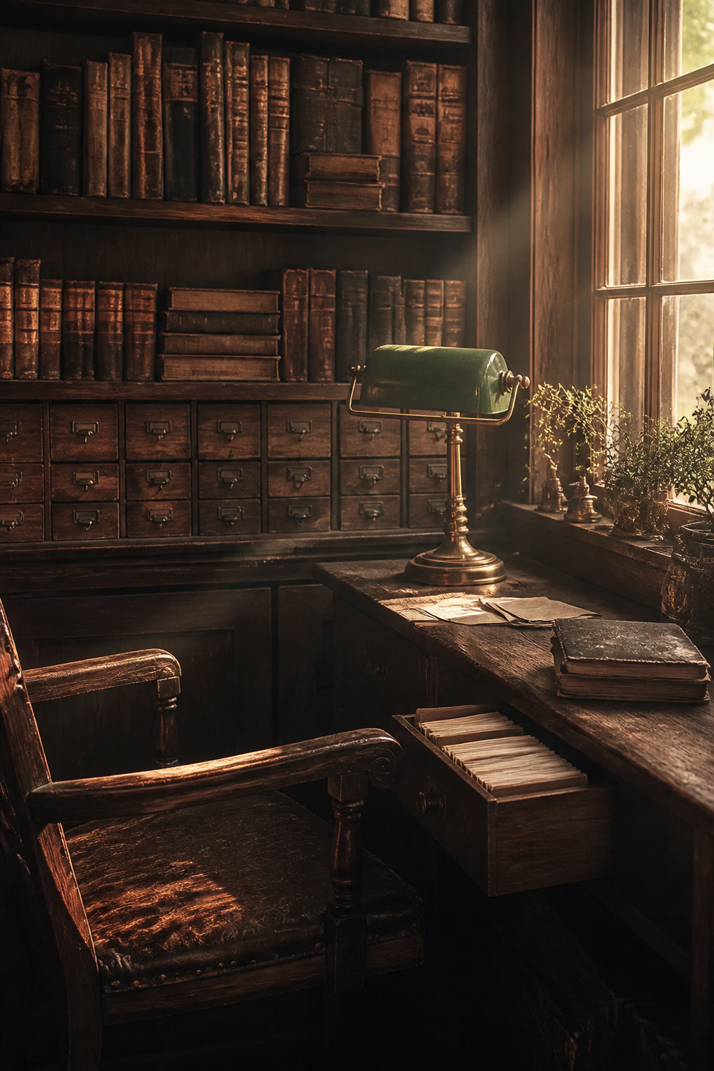 Moody antique library with walnut shelves green lamp and brass