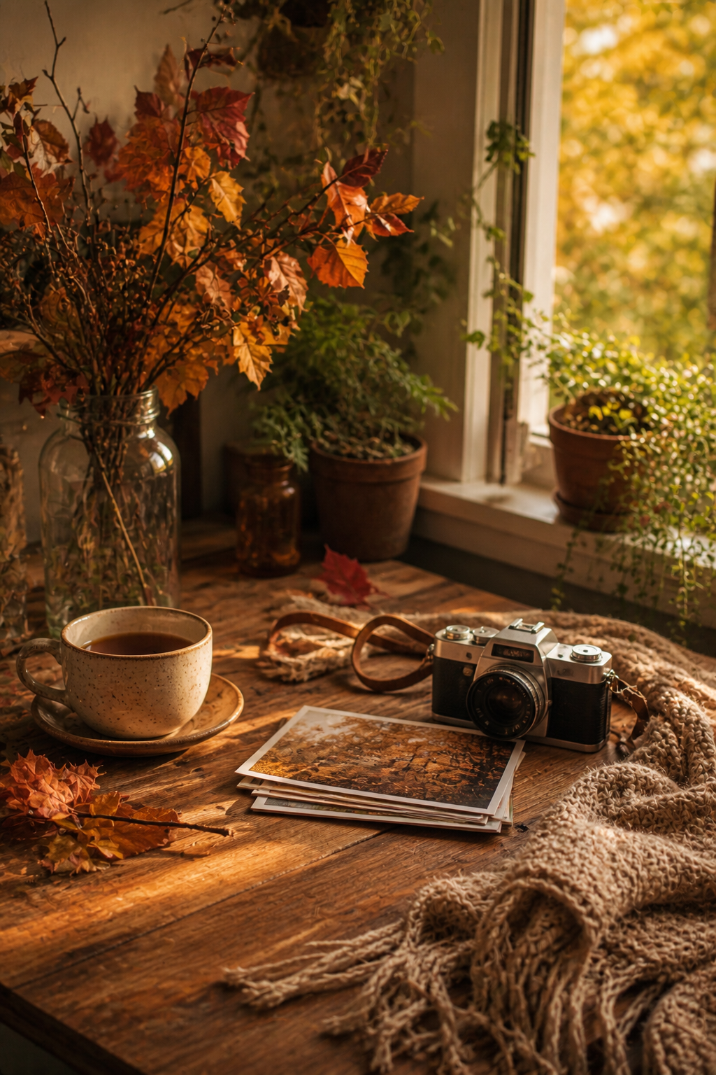 Warm autumn table by a window with tea, fallen leaves, an old camera, and printed photographs