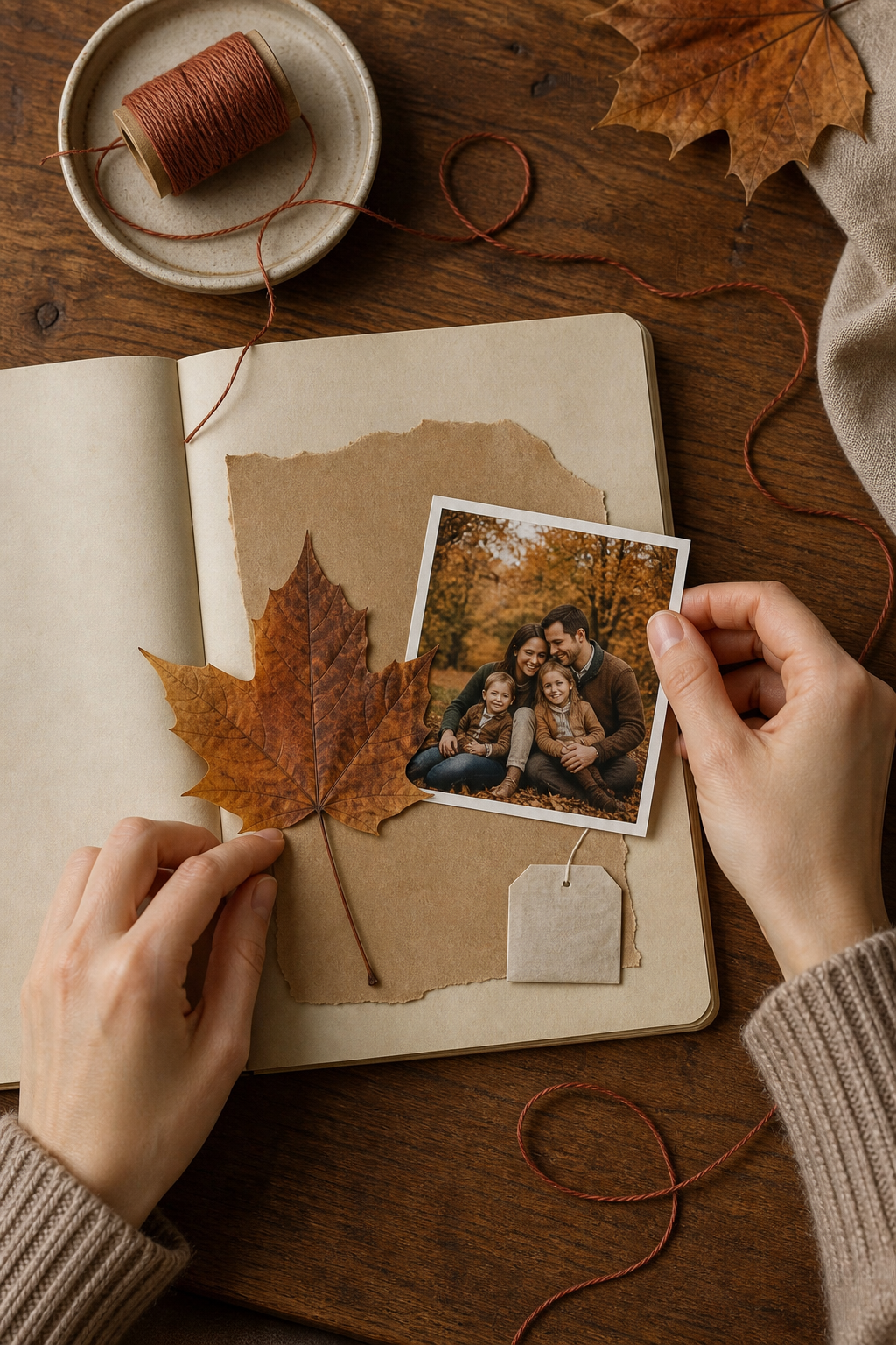 Hands arranging a family photograph, pressed maple leaf, kraft paper, blank tag, and rust thread in an autumn journal