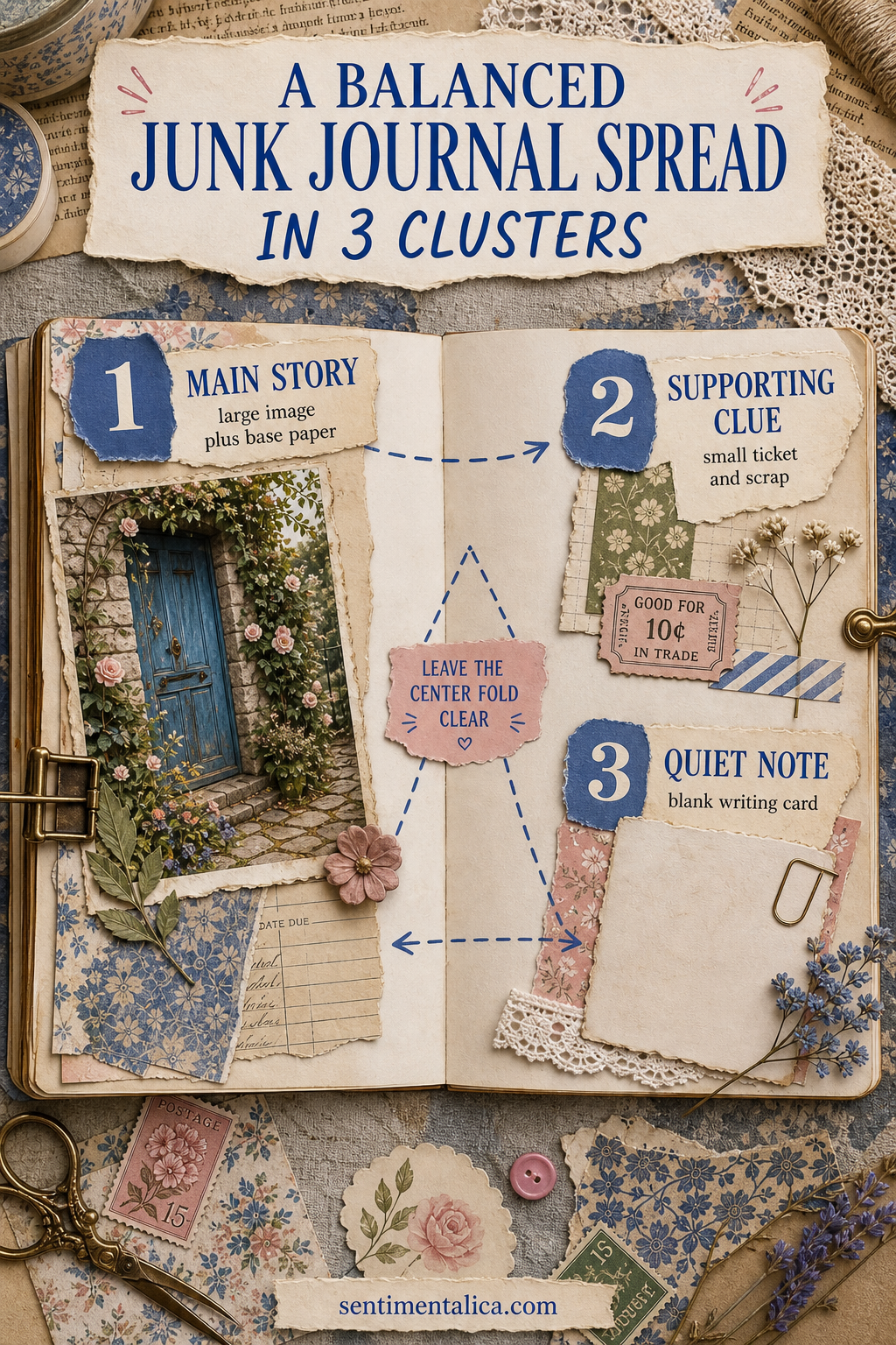 Balanced junk journal spread arranged in three connected clusters