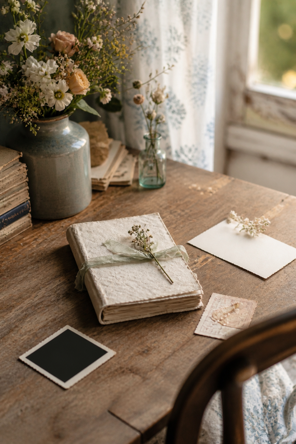 Closed handmade journal with three small groups of paper objects on a quiet vintage desk