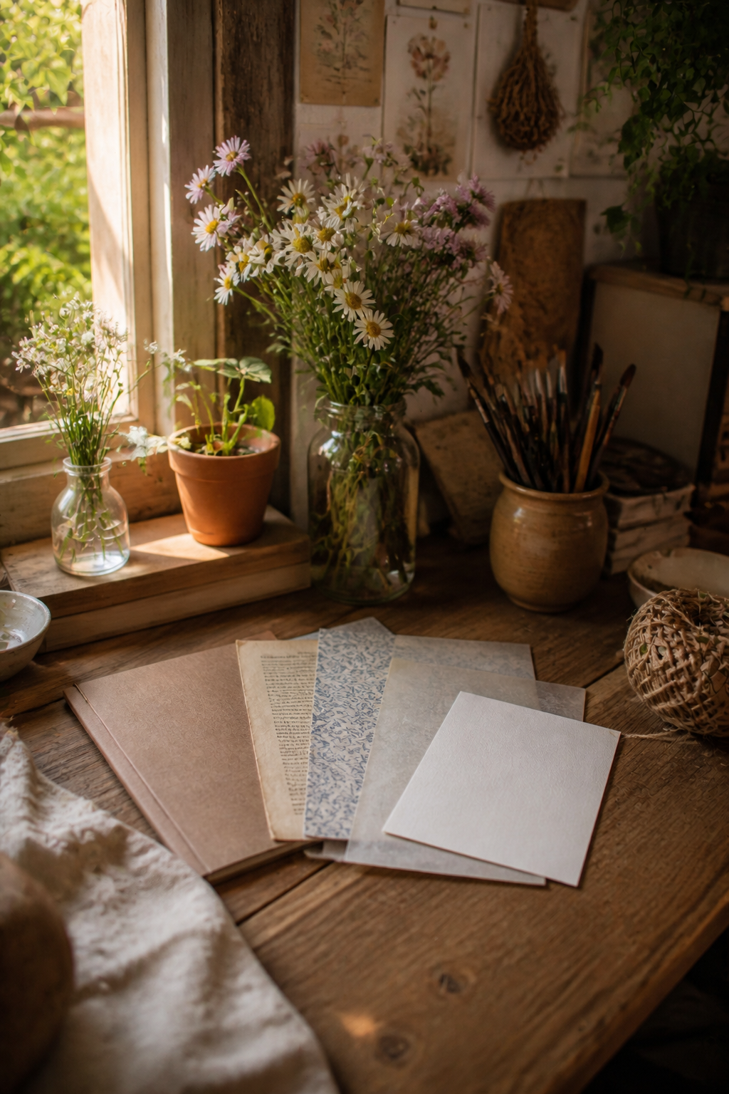 Beginner craft table with five simple paper types beside a closed journal