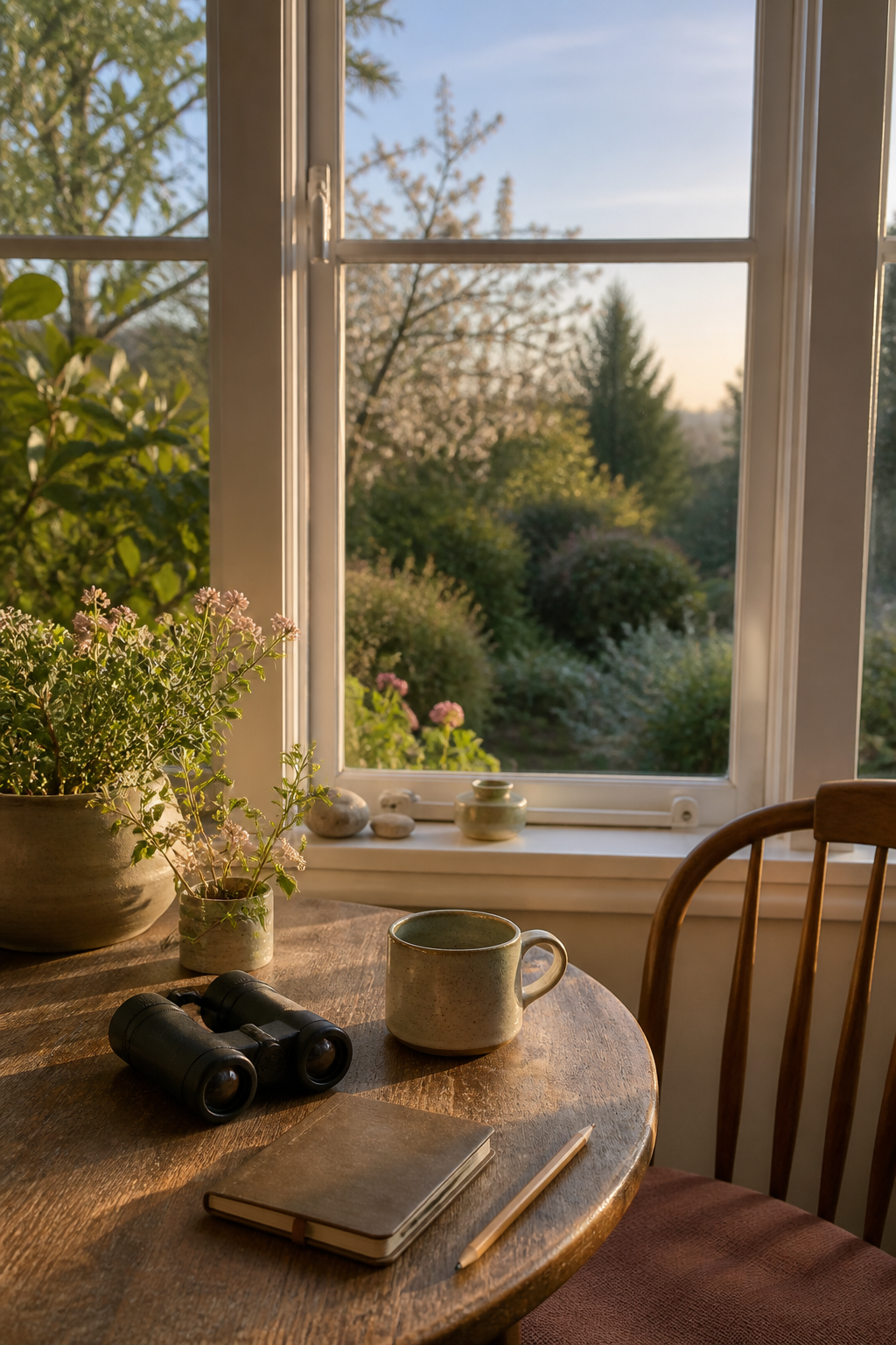 Quiet dawn birdwatching table by a garden window with binoculars and a small notebook
