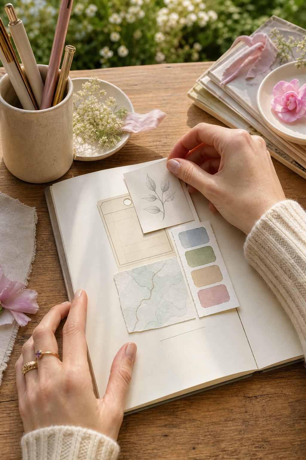 Hands building a bird field-note page from a time ticket, leaf sketch, map, and color swatches