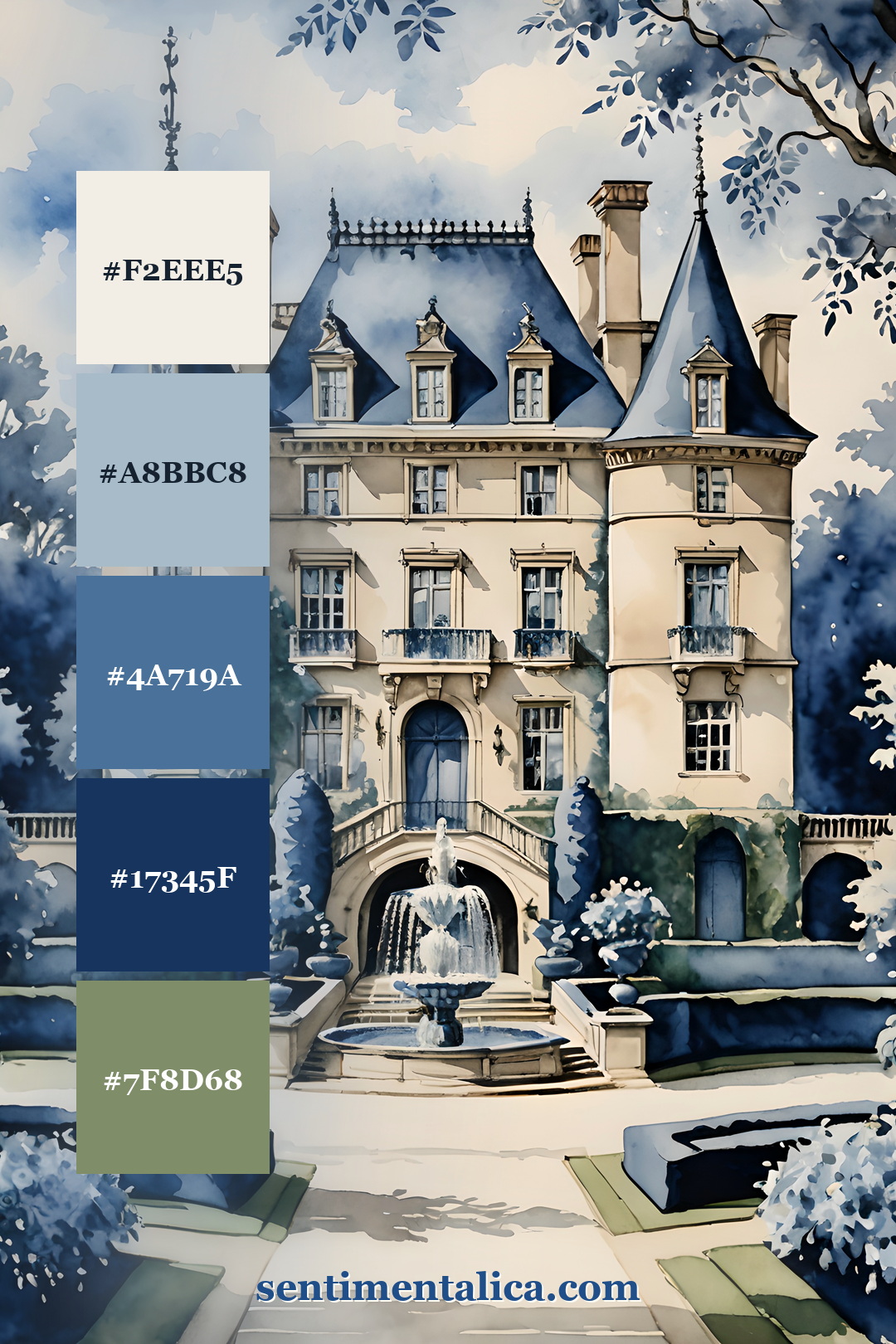 Blue and white chateau color palette for junk journal pages with five square swatches and sentimentalica.com