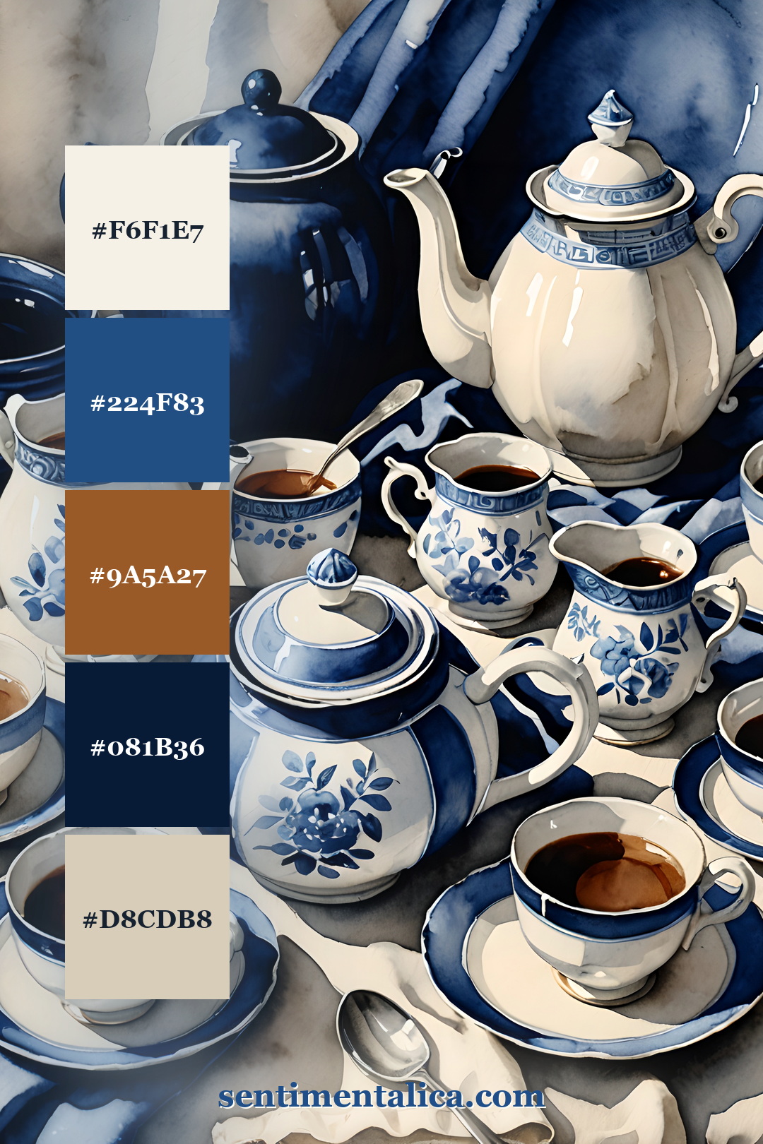 Porcelain tea blue color palette for printable junk journal pages with five square swatches and sentimentalica.com