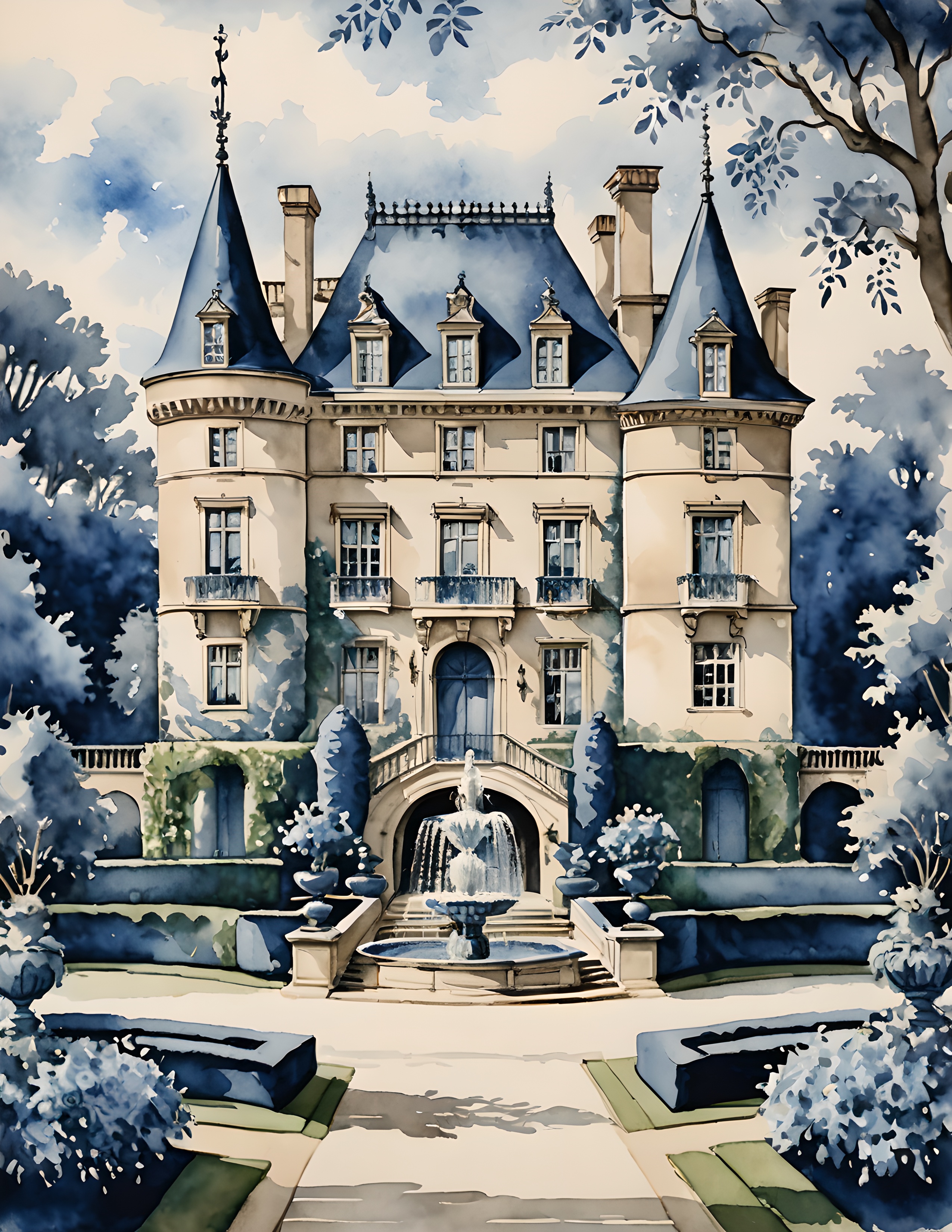 Blue and white chateau printable journal page from the Toile Blue kit