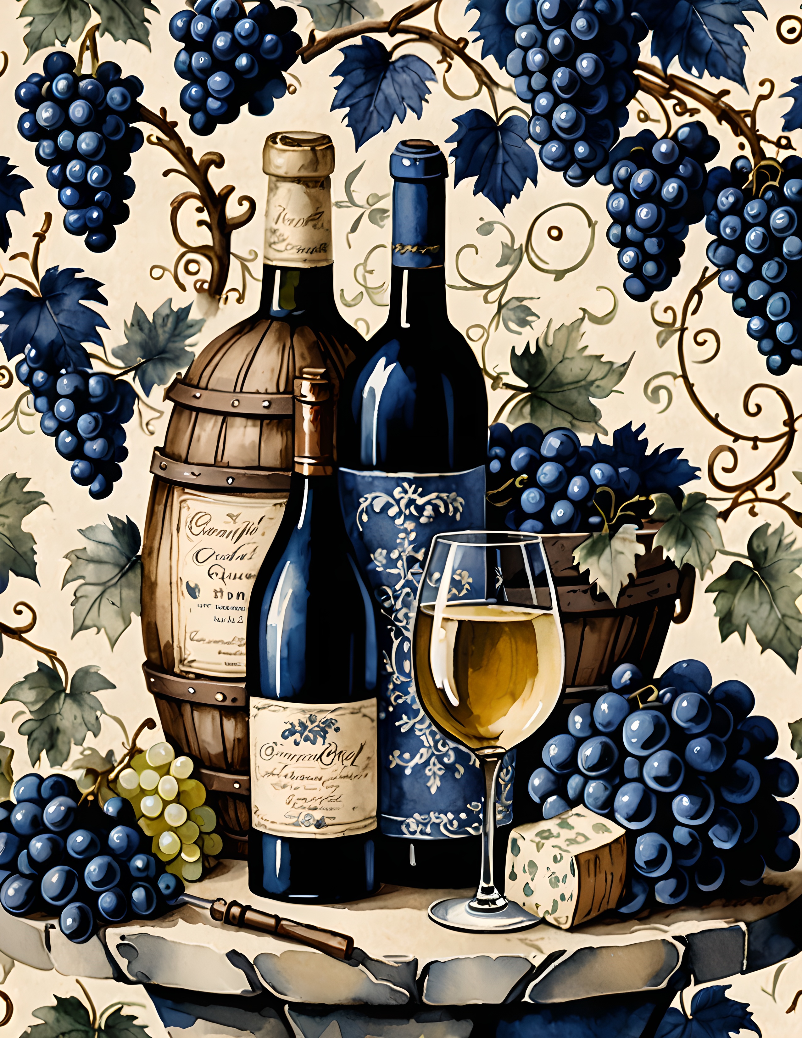 Wine bottle and grape printable journal page from the Toile Blue kit