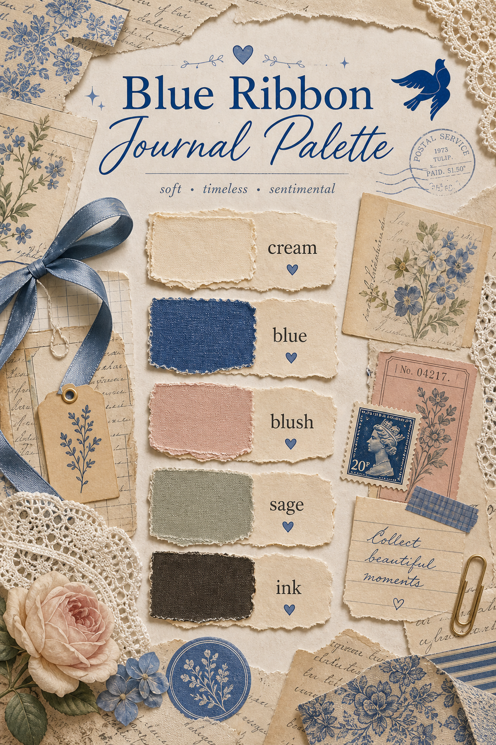A Sentimentalica blue scrapbook-style color infographic titled Blue Ribbon Journal Palette with cream, blue, blush, sage, and ink swatches