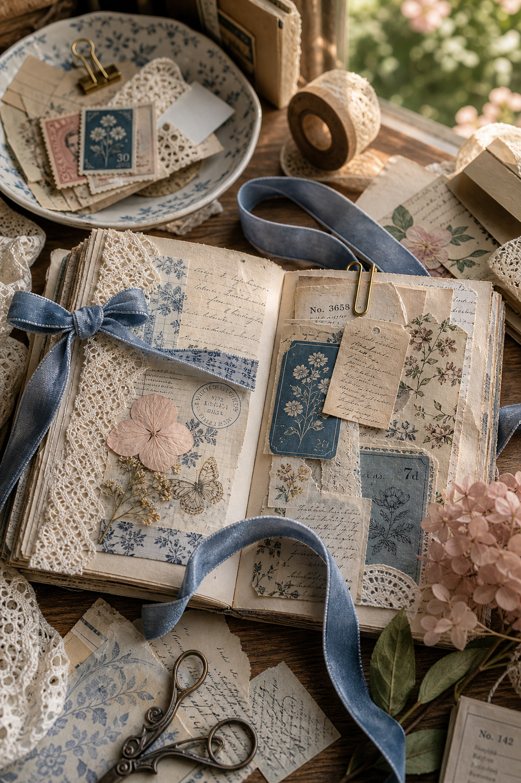 An atmospheric close-up of blue ribbon, cream lace, pressed blush flowers, sage leaves, antique paper scraps, and an open journal