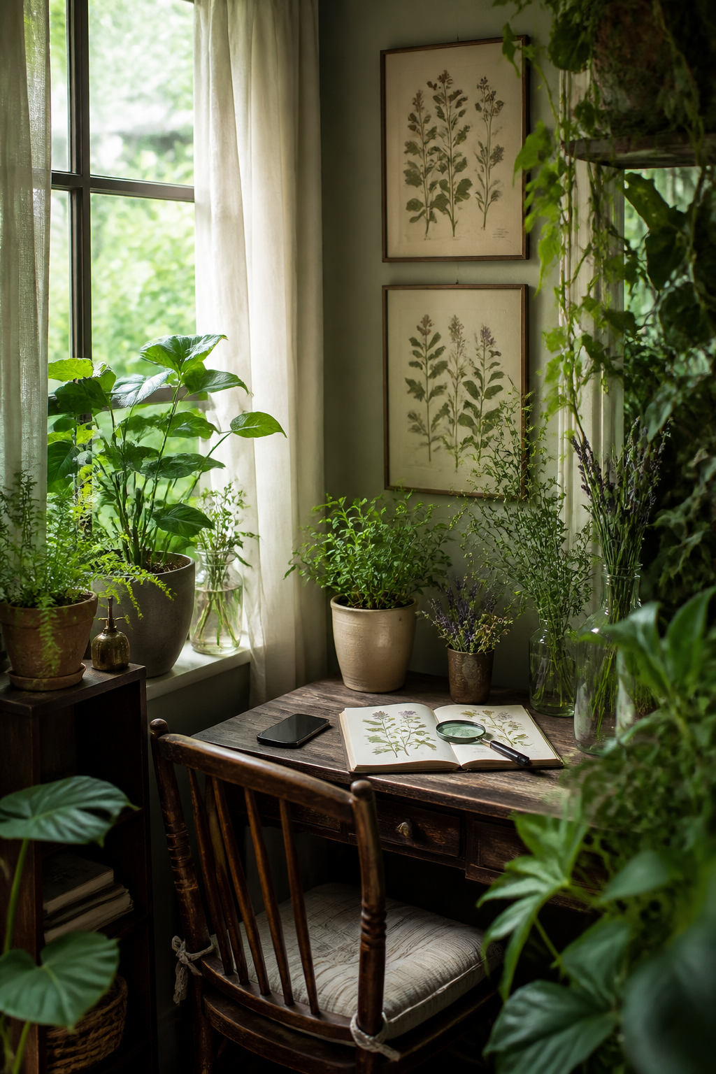 Quiet botanical study with houseplants, framed herbarium specimens, a magnifying glass, and a phone resting face down