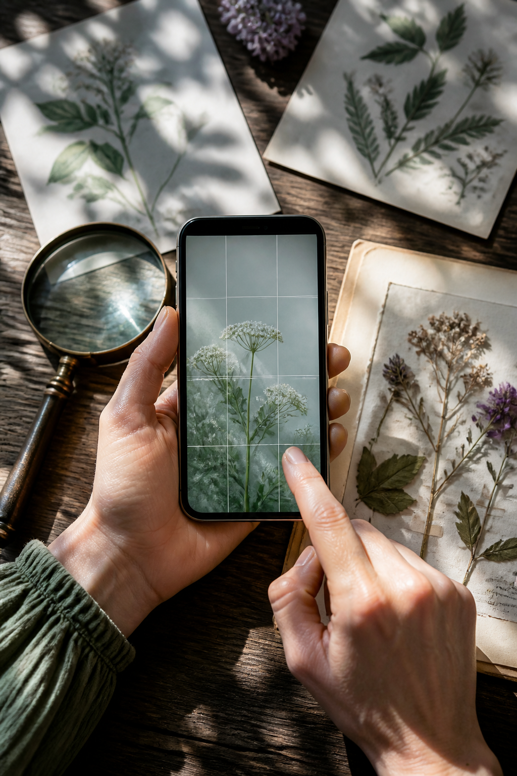 Hands testing and cropping botanical artwork for a clean, readable phone wallpaper