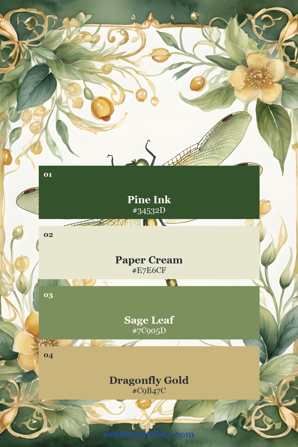 Teal, botanical green, parchment, and antique gold palette sampled from a real dragonfly page